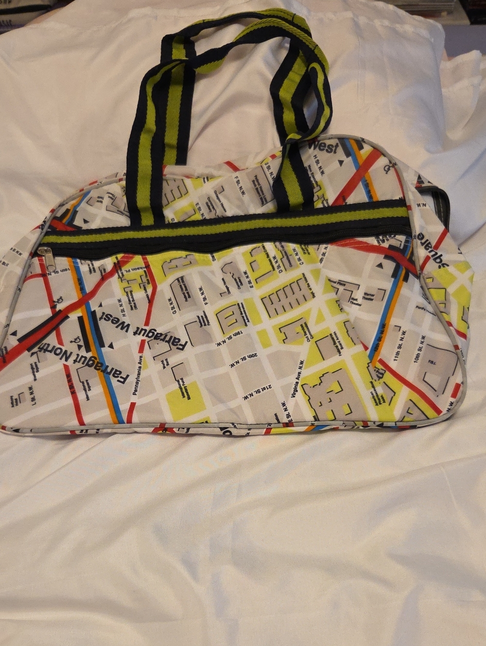 Map-Print Travel Duffle Bag in White with Yellow and Black Trim Washingon Dc